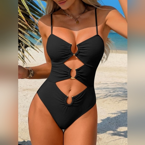 Black Cutout One Piece Swimsuit Ring Detail Ruched Monokini Size 12 NWT 2026 - Picture 2 of 6